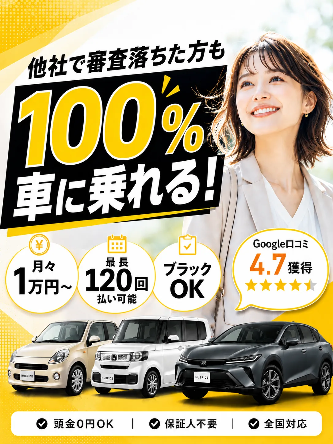 他社で審査落ちた方も100%車に乗れる！頭金0円OK・保証人不要・全国対応