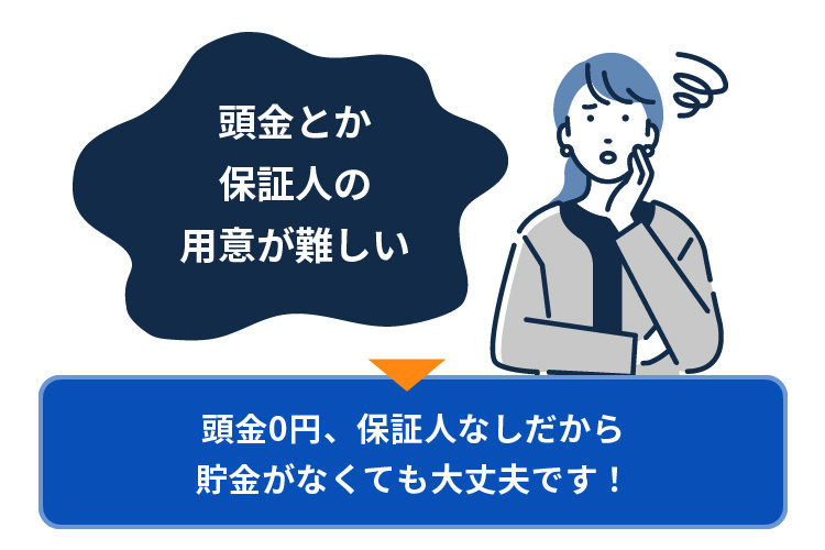 頭金とか保証人の用意が難しい 頭金0円、保証人なしだから貯金がなくても大丈夫です！